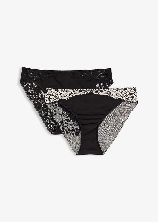 Slip van tweekleurig kant (set van 2) • zwart-wolwit+zwart • bonprix online shop