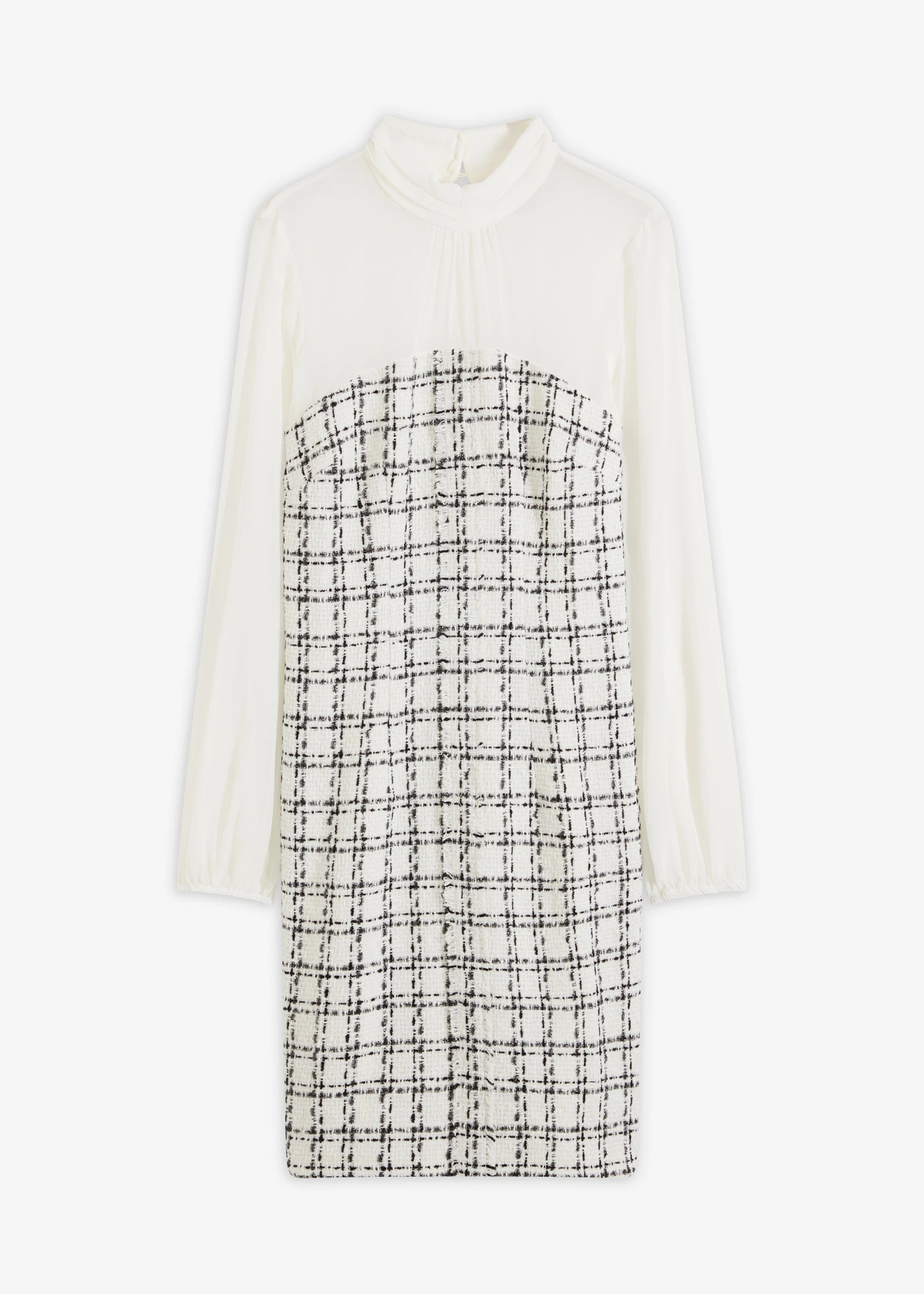 Rochie mini din fir bouclé cu mâneci din șifon • alb/negru cadrilat • magazin bonprix