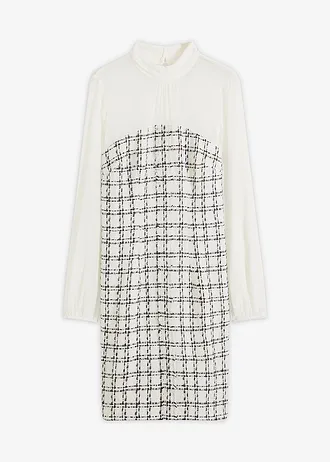Mini jurk van bouclé met mouwen van chiffon • wit-zwart geruit • bonprix online shop