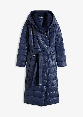 Waterafstotende lange gewatteerde jas met imitatiewolkraag en strikceintuur (2-dlg.), Kleur: donkerblauw