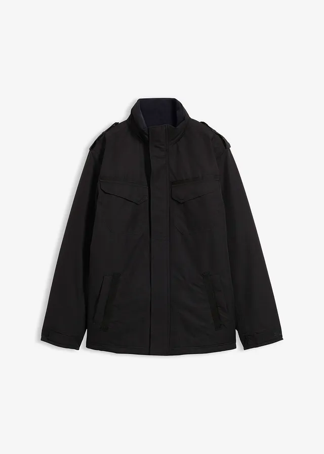 Parka technique imperméable à capuche enroulable et épaulettes, Couleur: noir