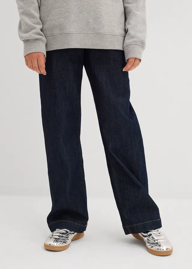 Wide leg jeans, mid waist, Kleur: diepblauw denim ongewassen