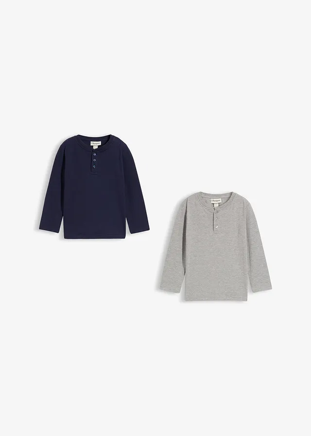 Lot de 2 T-shirts manches longues coton col tunisien • gris clair chiné+bleu foncé • product-page.page-title-suffix