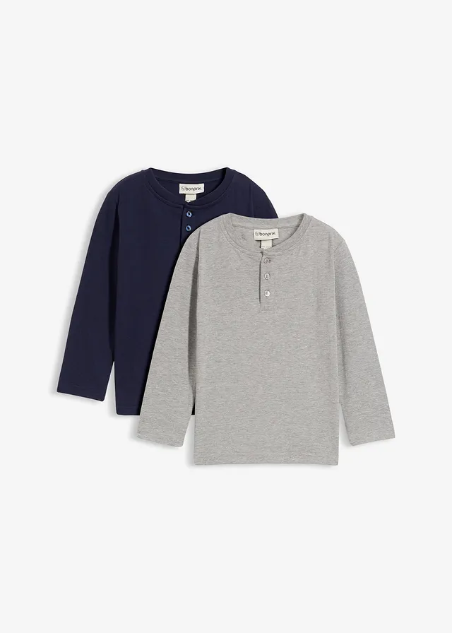 Henley shirt, lange mouw met biologisch katoen ( set van 2), Kleur: lichtgrijs gemêleerd+donkerblauw