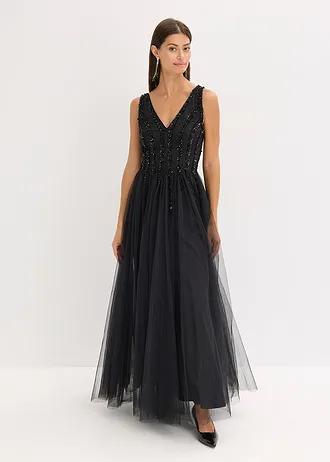 Robe longue en tulle fin avec sequins brodés, Couleur: noir