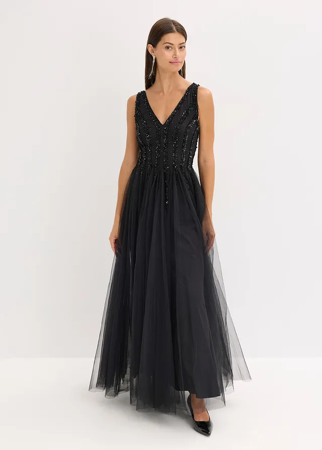 Maxi jurk van fijne tule met paillettenborduursel • zwart • product-page.page-title-suffix