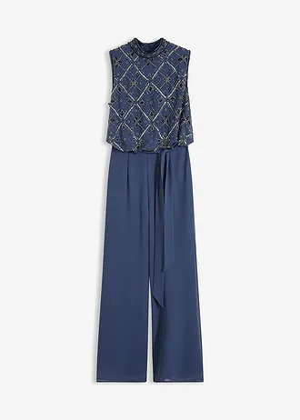 Salopetă cu broderie cu mărgeluțe, culoare: bleumarin/argintiu