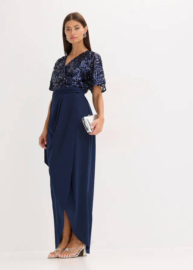 Robe longue brodée de sequins, Couleur: bleu foncé