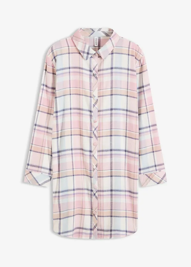 Tkaná noční košile z flanelu, s knoflíkovou lištou • pudrově modro-popelavě růžová kostka • bonprix obchod