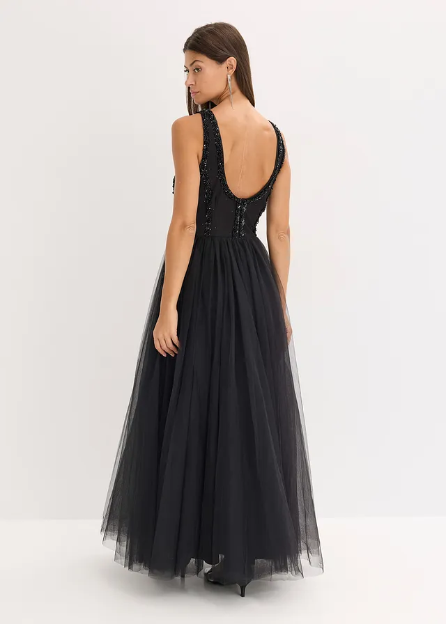 Maxi jurk van fijne tule met paillettenborduursel • zwart • product-page.page-title-suffix
