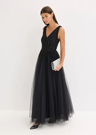Robe longue en tulle fin avec sequins brodés, Couleur: noir