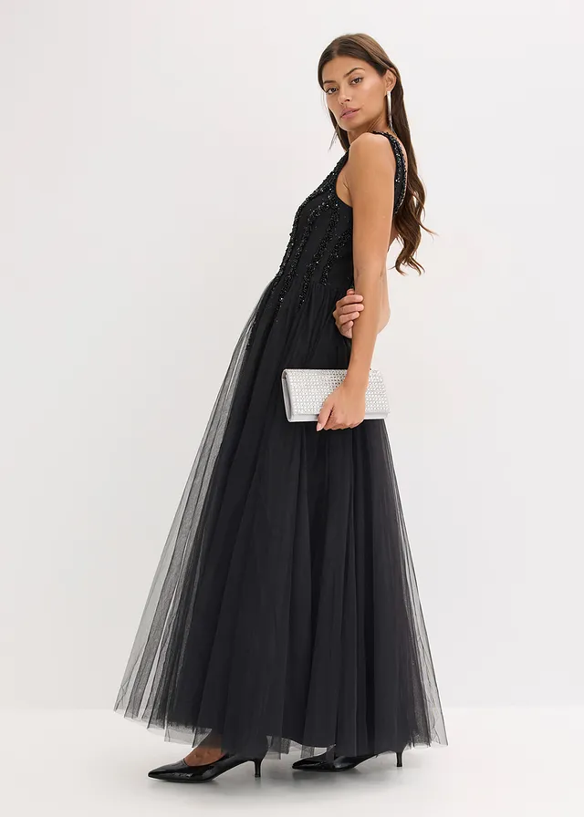 Maxi jurk van fijne tule met paillettenborduursel • zwart • product-page.page-title-suffix