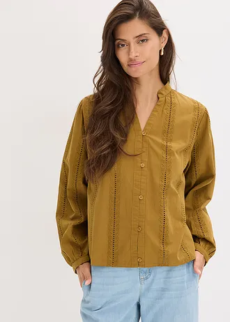 Chemisier en coton avec broderies anglaises, Couleur: vert gui