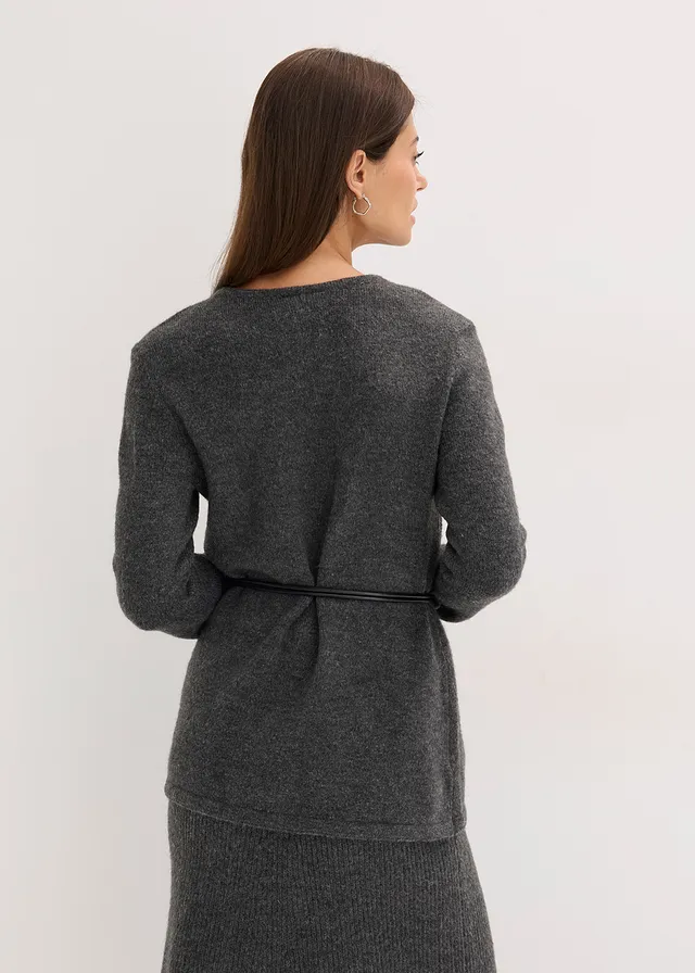 Gebreid shirt met wol en strikbandje van imitatieleer • antraciet gemêleerd mêlee • product-page.page-title-suffix
