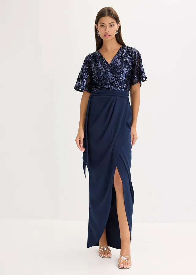 Robe longue brodée de sequins, Couleur: bleu foncé