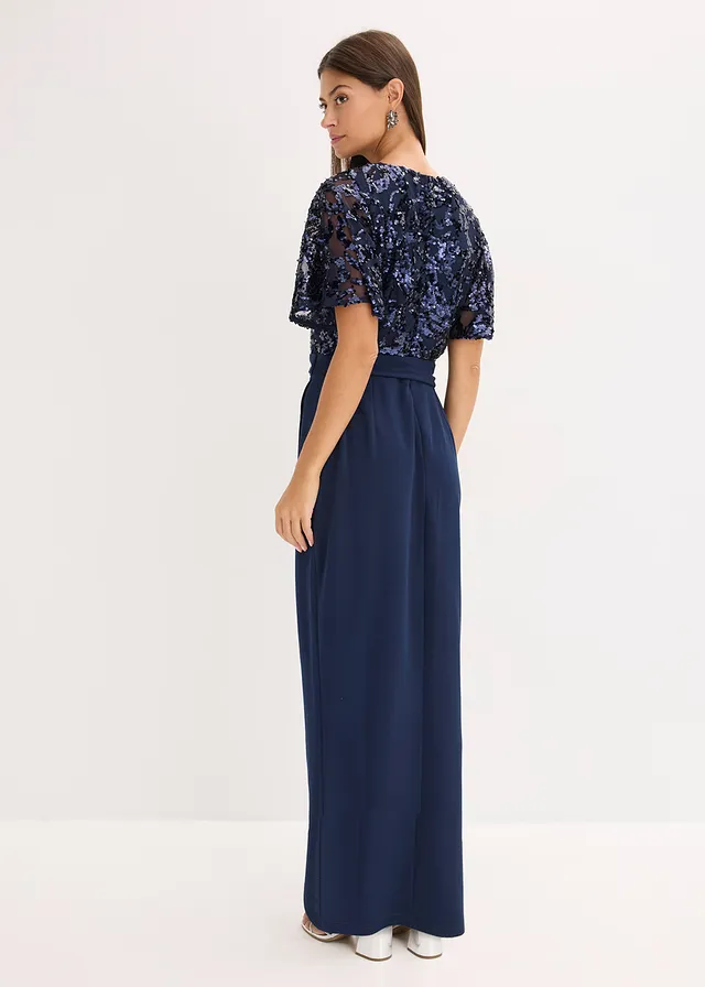 Maxi jurk met geborduurde pailletten, Kleur: donkerblauw