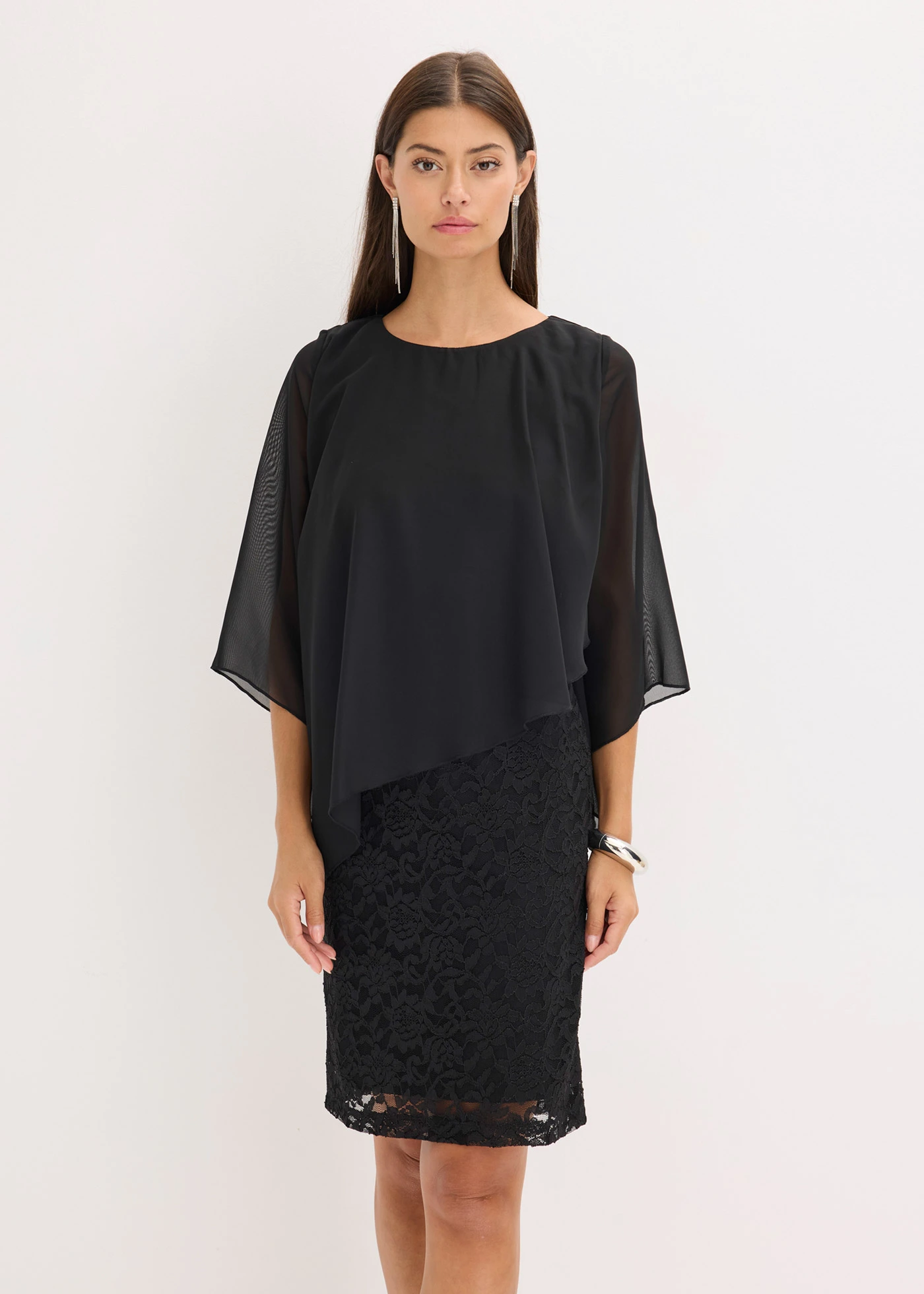 Rochie mini din dantelă cu parte suprapusă din șifon • negru • magazin bonprix