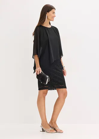 Rochie mini din dantelă cu parte suprapusă din șifon • negru • magazin bonprix