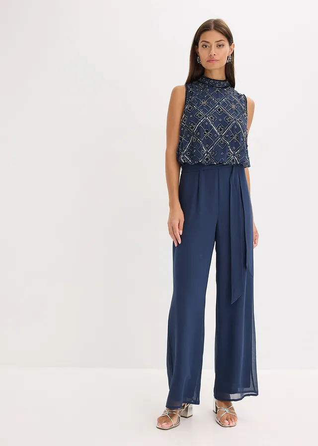 Jumpsuit met parelborduursel, Kleur: donkerblauw-zilverkleur