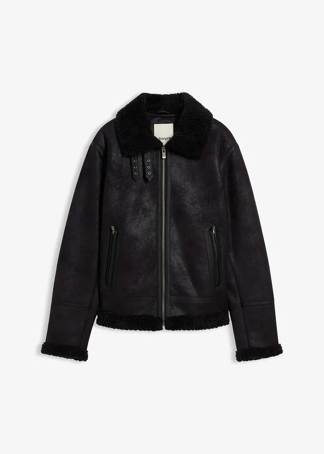 Korte imitatieleren jack met teddy voering, Kleur: zwart
