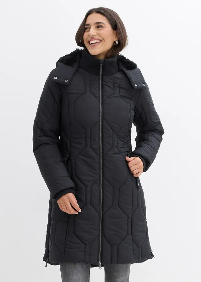 Manteau court avec surpiqûres diamant et zips latéraux, Couleur: noir