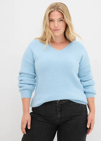 Měkký svetr z jemné pleteniny, s balonovými rukávy, barva: ledově modrá s melírem