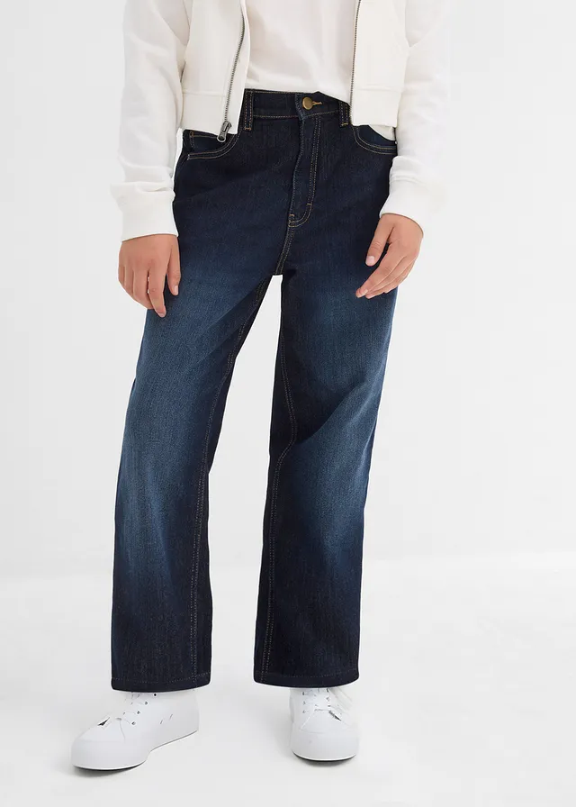 Wide leg thermojeans met jersey voering, mid waist, Kleur: donkerblauw denim