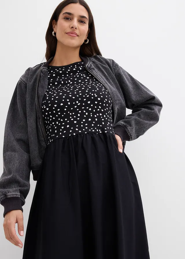 Rochie din mix de materiale din bumbac 100% • negru/ecru punctat • magazin bonprix