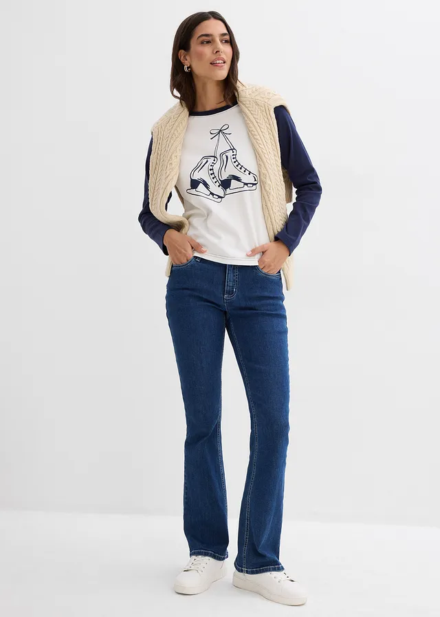 Raglan longsleeve van puur biologisch katoen wolwit-donkerblauw met print