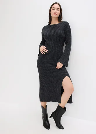 Robe pull longue avec fente, Couleur: anthracite chiné