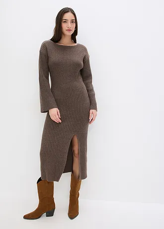 Gebreide jurk met split, Kleur: leembruin