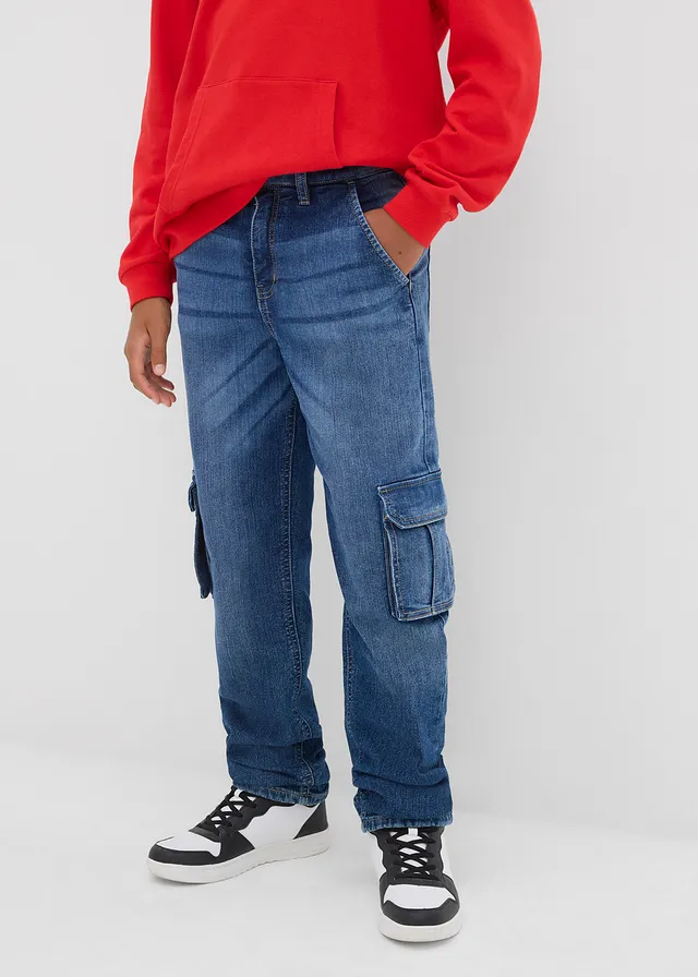 Jean cargo loose, doublure chaude en jersey, fuselé, Couleur: bleu denim
