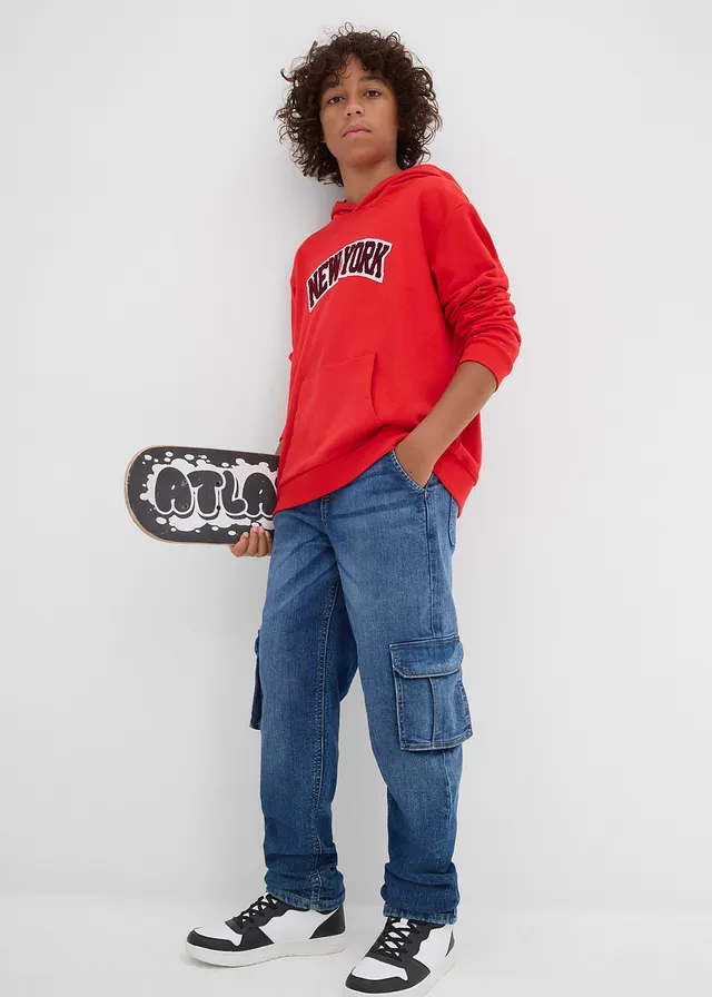 Loose fit thermo cargo jeans met jersey voering, tapered • blauw denim • product-page.page-title-suffix