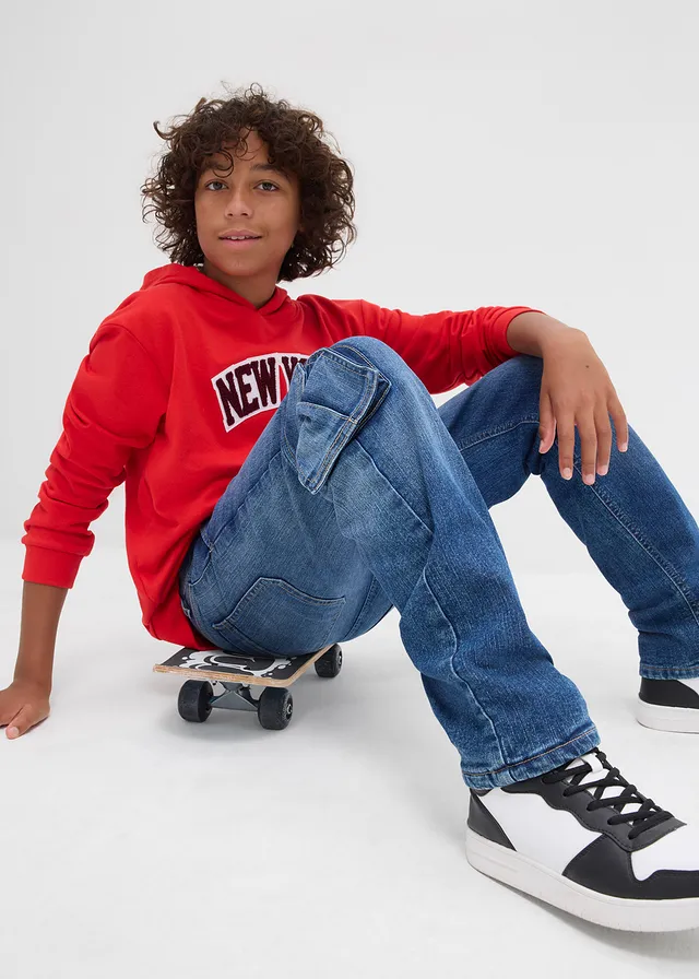 Loose fit thermo cargo jeans met jersey voering, tapered • blauw denim • product-page.page-title-suffix