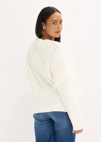 Pull oversize à franges, Couleur: blanc nacré