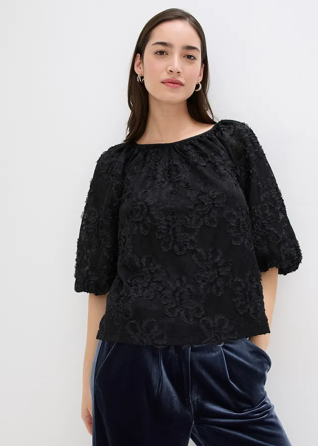 Blouse met een gestructureerd bloemmotief, Kleur: zwart