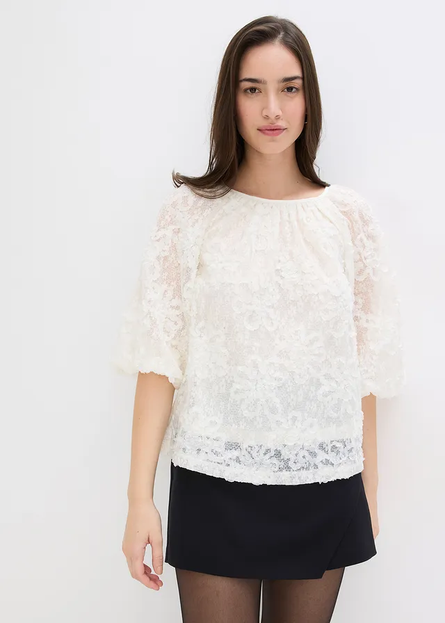 Blouse met een gestructureerd bloemmotief, Kleur: crème