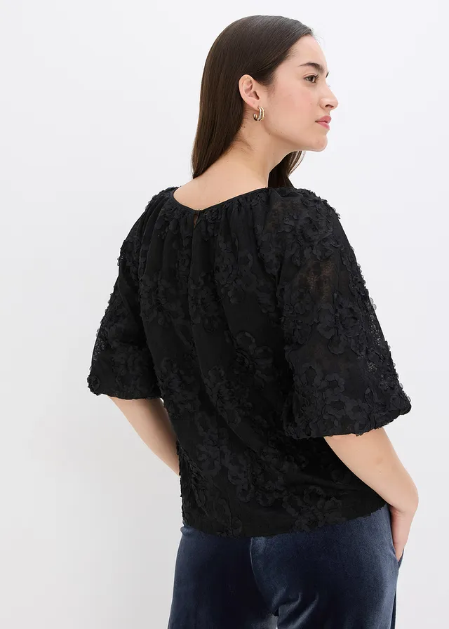 Blouse met een gestructureerd bloemmotief, Kleur: zwart