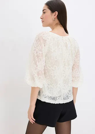 Blouse met een gestructureerd bloemmotief, Kleur: crème