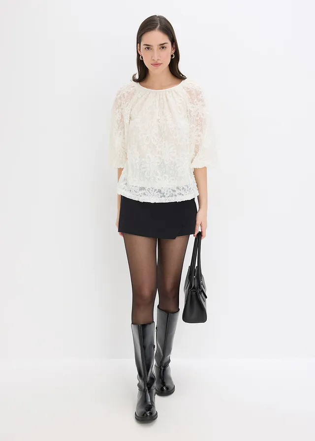 Blouse met een gestructureerd bloemmotief, Kleur: crème