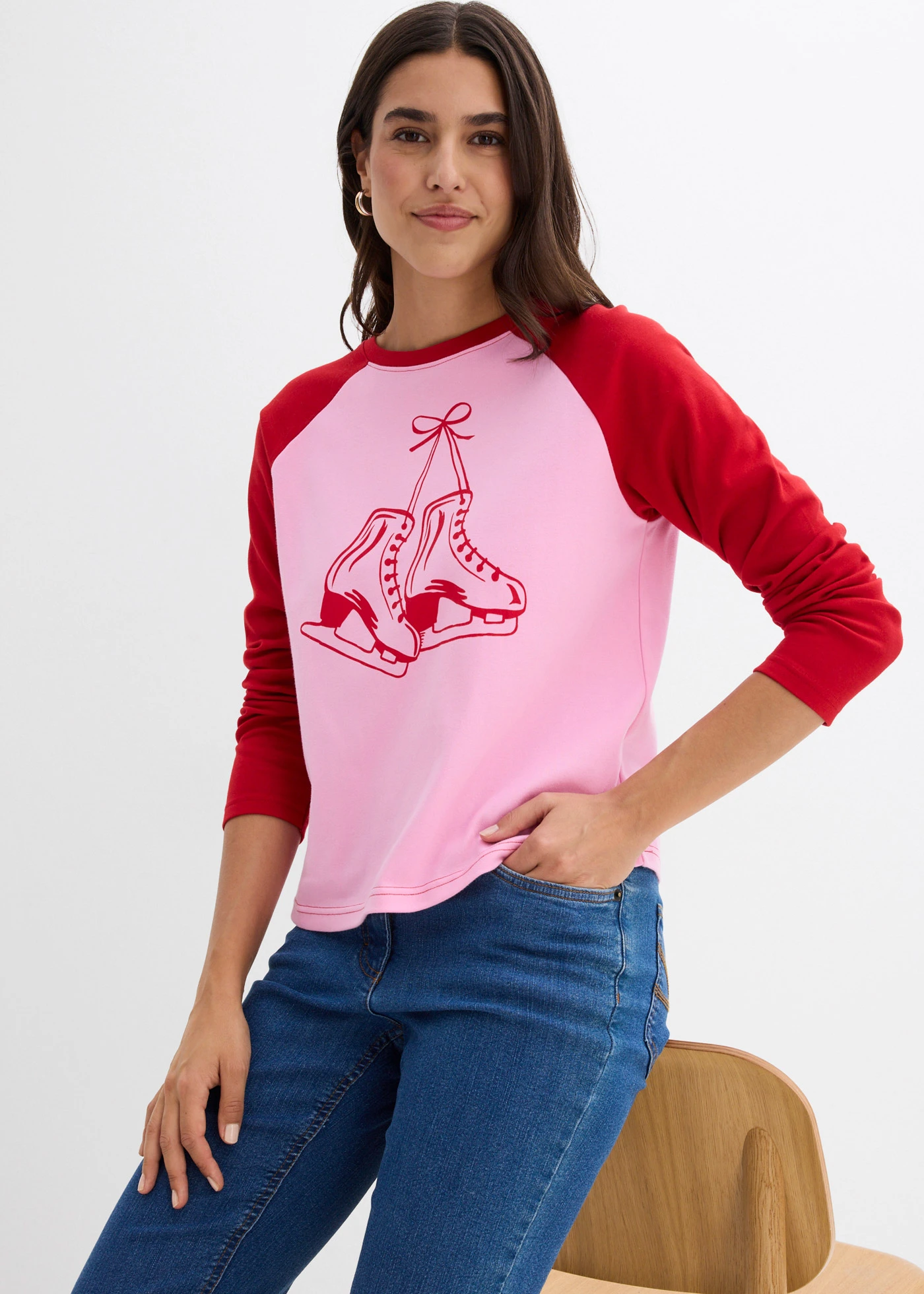 Raglan longsleeve van puur biologisch katoen • roze-salsarood met print • bonprix online shop