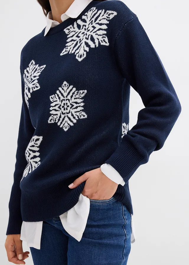 Pull col rond avec flocons de neige • bleu foncé/écru • product-page.page-title-suffix