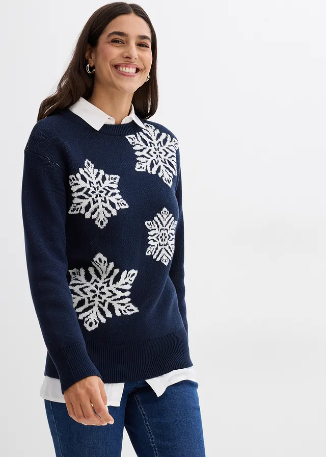 Pull col rond avec flocons de neige • bleu foncé/écru • product-page.page-title-suffix