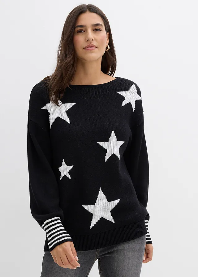 Oversized trui met sterrenprint • zwart-wolwit met print • product-page.page-title-suffix