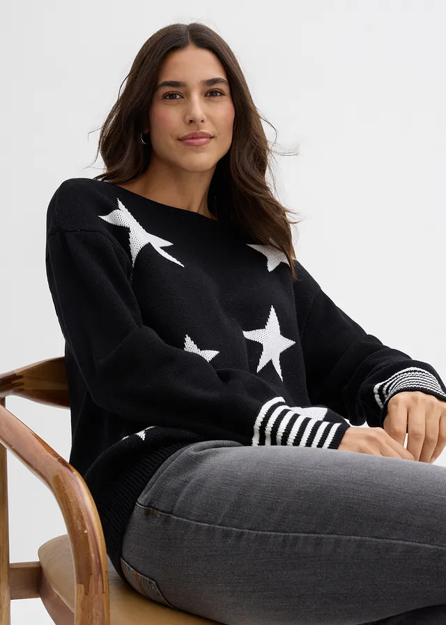 Oversized trui met sterrenprint • zwart-wolwit met print • product-page.page-title-suffix