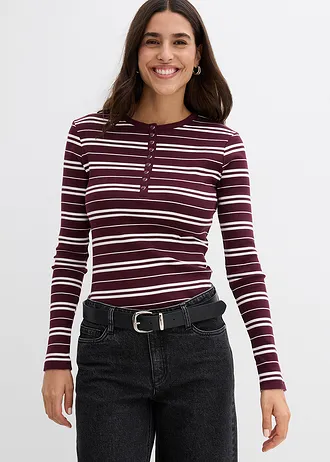 T-shirt manches longues en coton côtelé extensible • bordeaux uni + bordeaux-écru rayé • Boutique bonprix