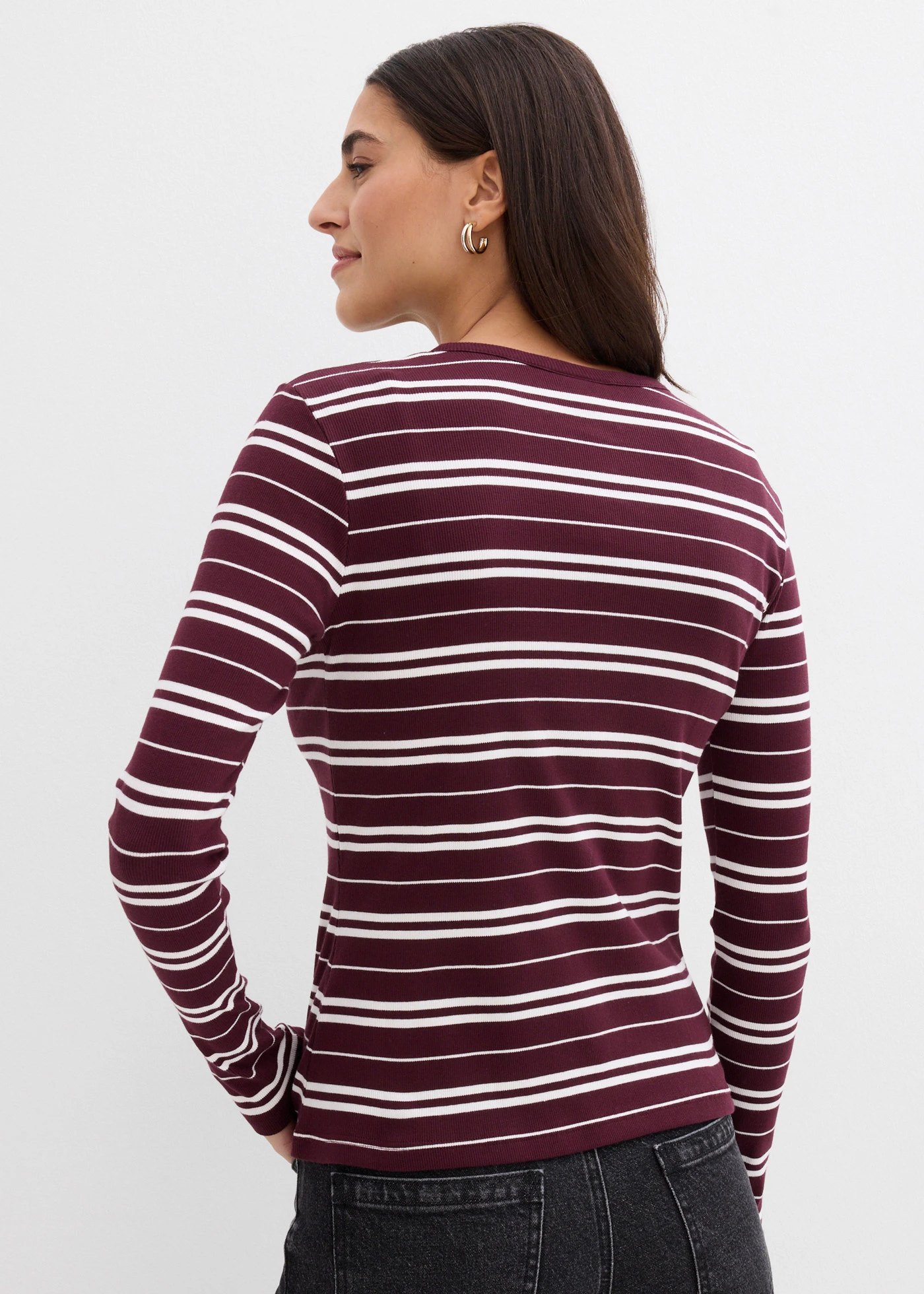 T-shirt manches longues en coton côtelé extensible • bordeaux uni + bordeaux-écru rayé • Boutique bonprix