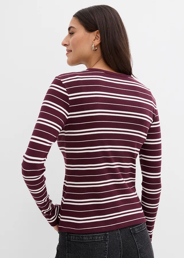 T-shirt manches longues en coton côtelé extensible • bordeaux uni + bordeaux-écru rayé • product-page.page-title-suffix