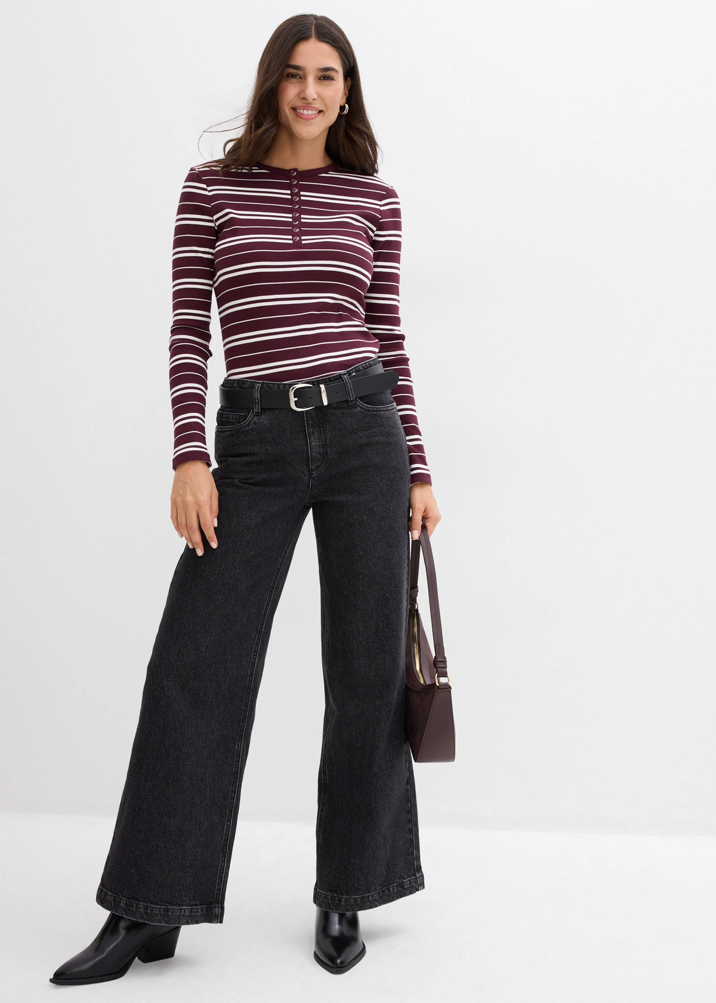 T-shirt manches longues en coton côtelé extensible • bordeaux uni + bordeaux-écru rayé • Boutique bonprix