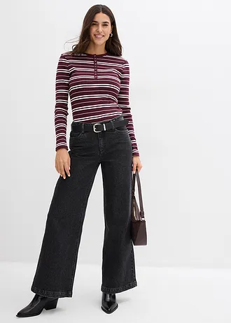 T-shirt manches longues en coton côtelé extensible, Couleur: bordeaux uni + bordeaux-écru rayé